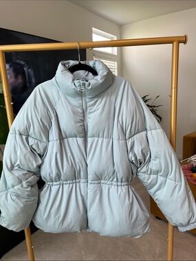 Urban Outfitters Women's Aqua Blue Puffer Jacket with High Collar